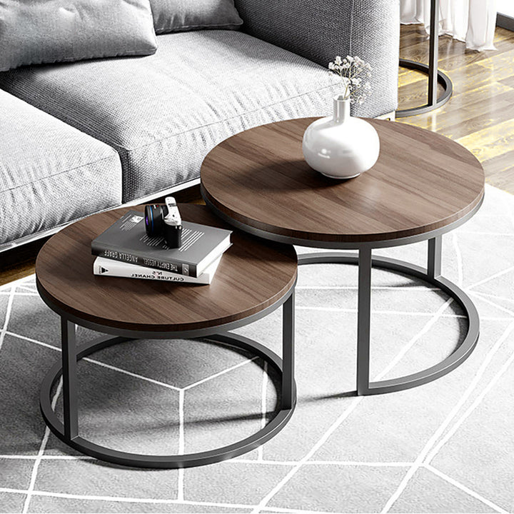 Fero 2 Pieces Modern Walnut & Black Round Nesting Coffee Table for Living Room