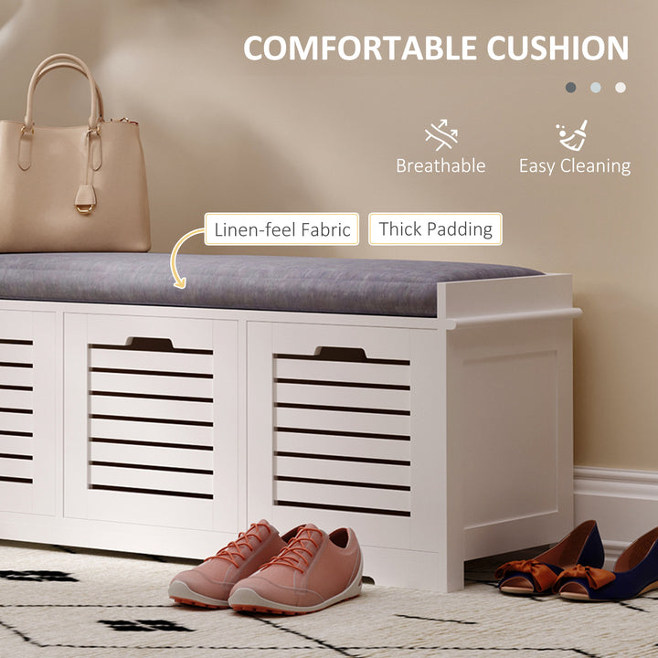 White Storage Bench with 3 Drawers & Removable Grey Seat Cushion Hallway Organisation furniture