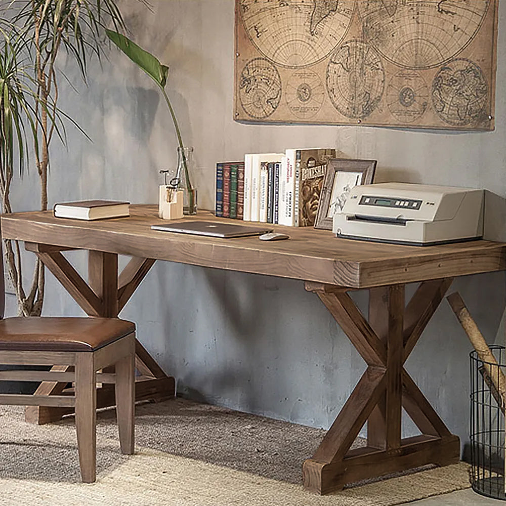 Vintage Style Pine wood Office Writing Desk with Trestle Leg in Natural Farmhouse Home Office Furniture Rectangular (1200mm)