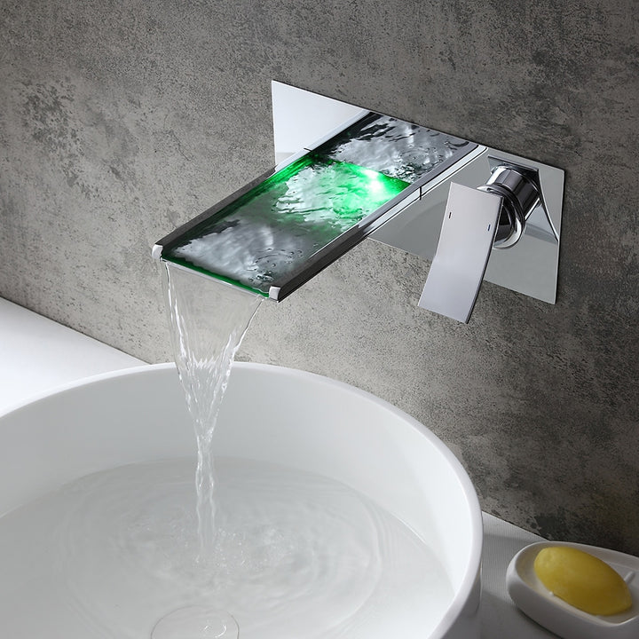 Koko Contemporary LED Wall-Mounted Polished Chrome Brass Waterfall Bathroom Basin Tap