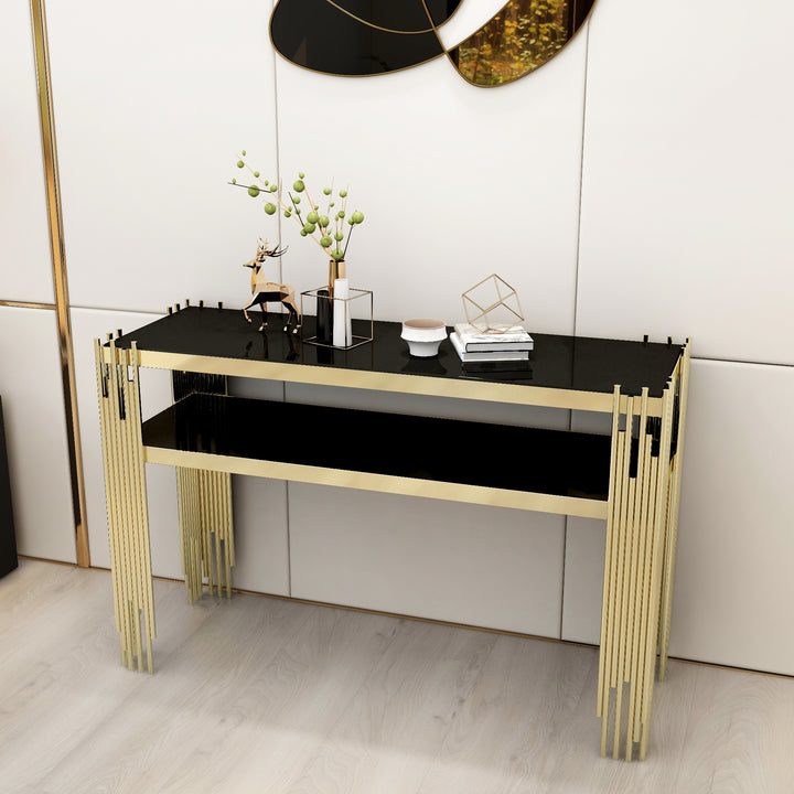 1200mm Modern Black Faux Marble Narrow Console Table with Storage Shelf and 4 Gold Legs