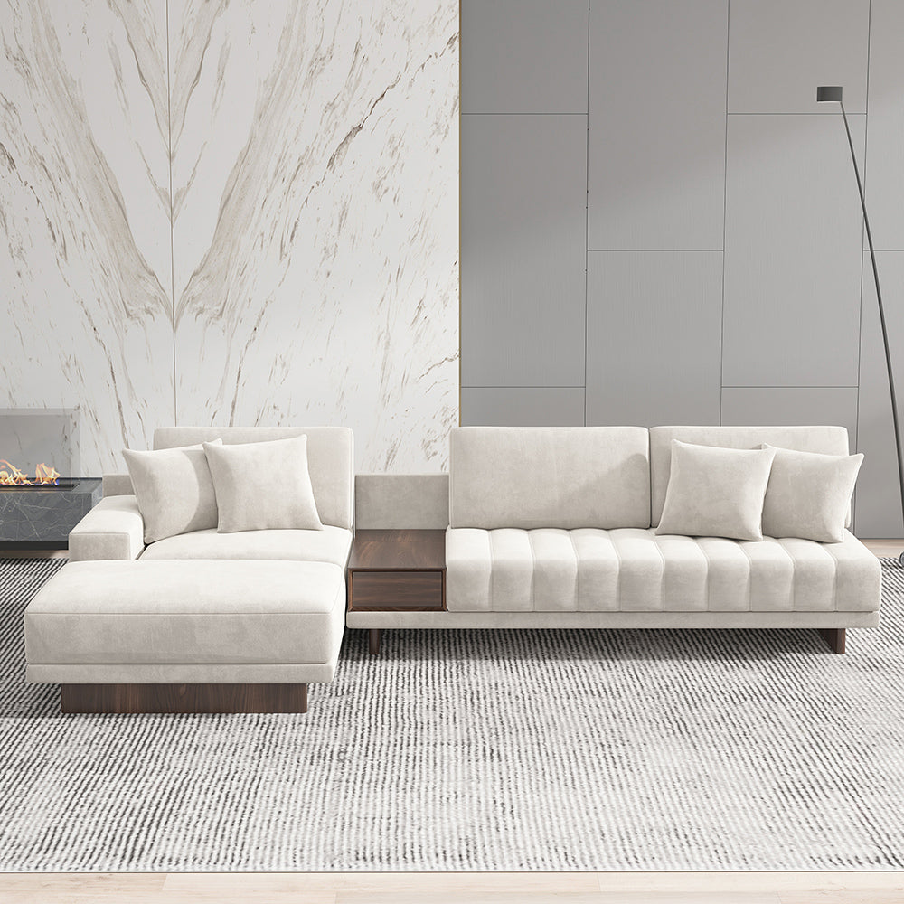 126" L-Shaped White Modular Sectional Sofa Channel Tufted Chaise with Ottoman & Storage