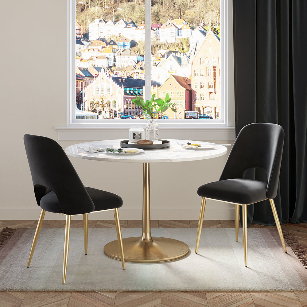 Modern Black Upholstered Dining Chair (Set of 2) with Hollow Back & Gold Legs