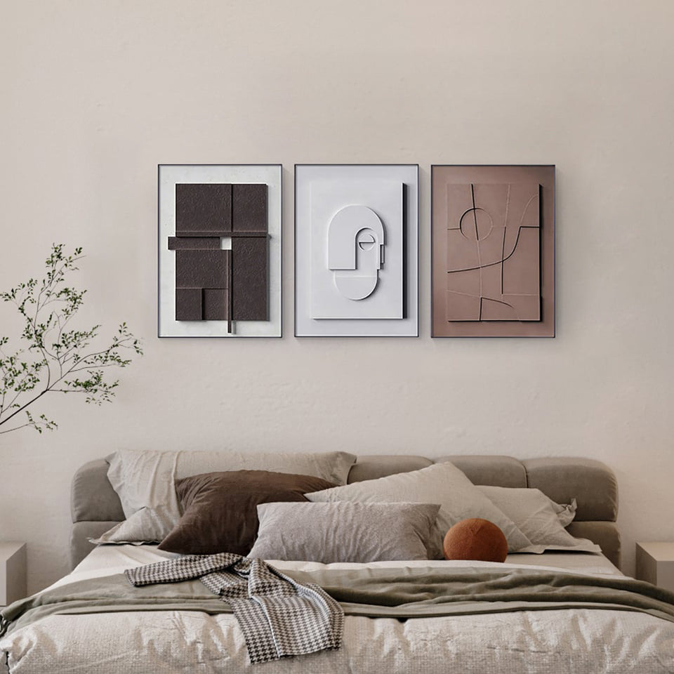 3 Pieces Japandi Geometric Canvas Wall Art Painting Wall Decor Set with Rectangle Frame