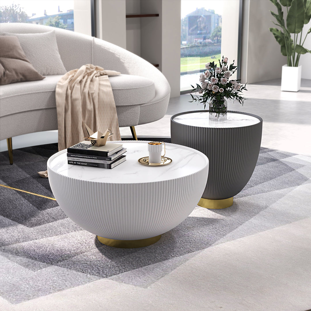 Round Sintered Stone Top Drum Coffee Table with Beige PU Leather Around and Stainless Steel Base