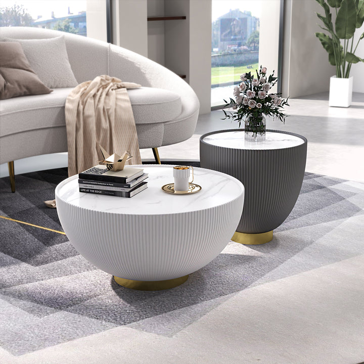 Round Sintered Stone Top Drum Coffee Table with Beige PU Leather Around and Stainless Steel Base