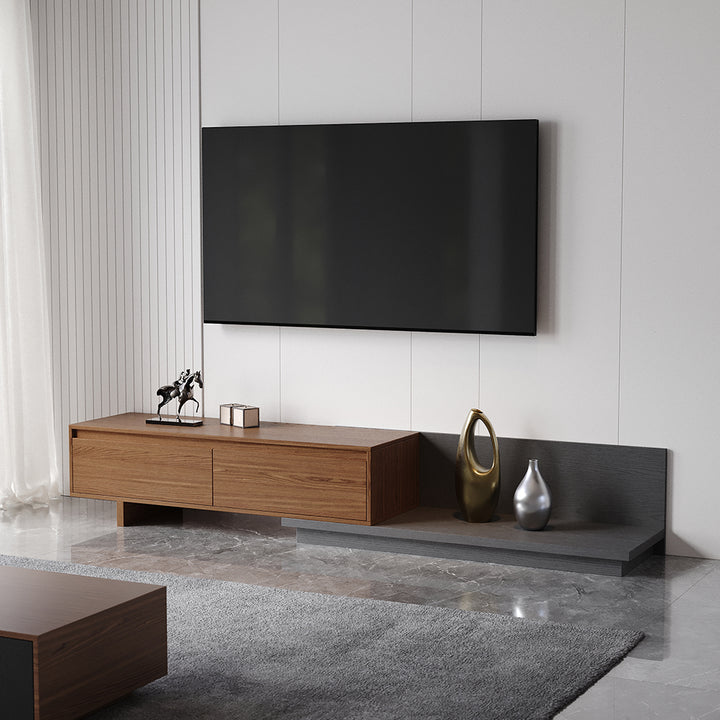 Homary Fero Minimalist Retracted & Extendable 2 Drawers TV Stand in Walnut & Gray Up to 75"