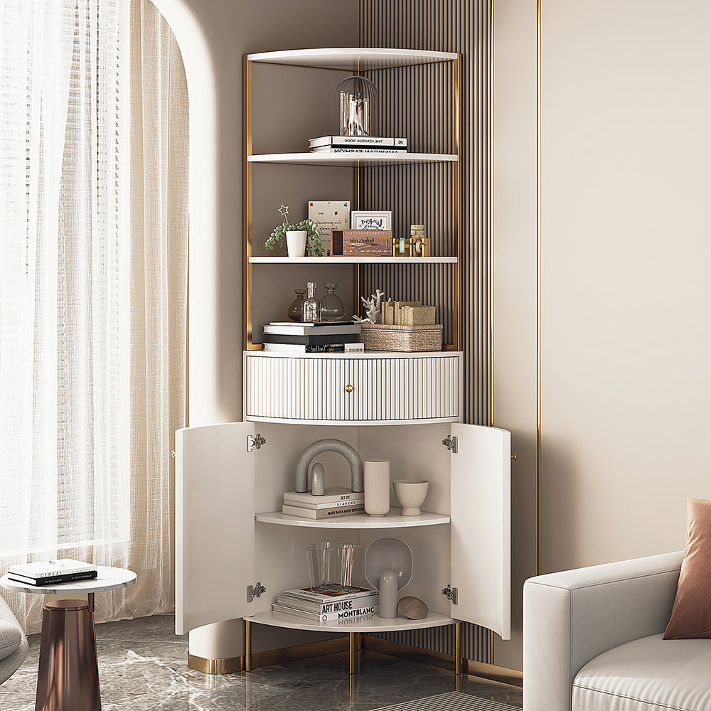 1900mm Modern White Etagere Bookshelf 1 Drawer & 2 Doors Wooden Tall Bookcase with Rich Storage