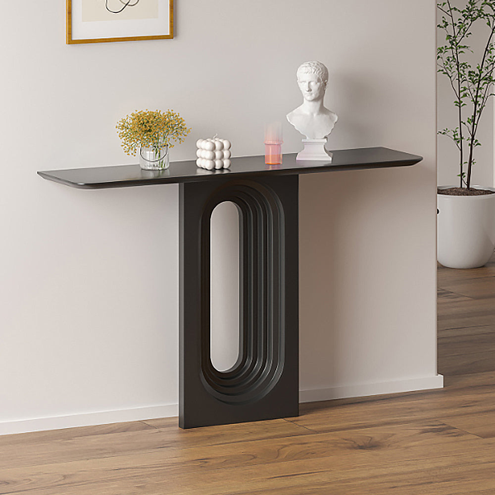 1200mm Japandi Narrow Wood Black Console Table with Geometric Pedestal Entryway Table