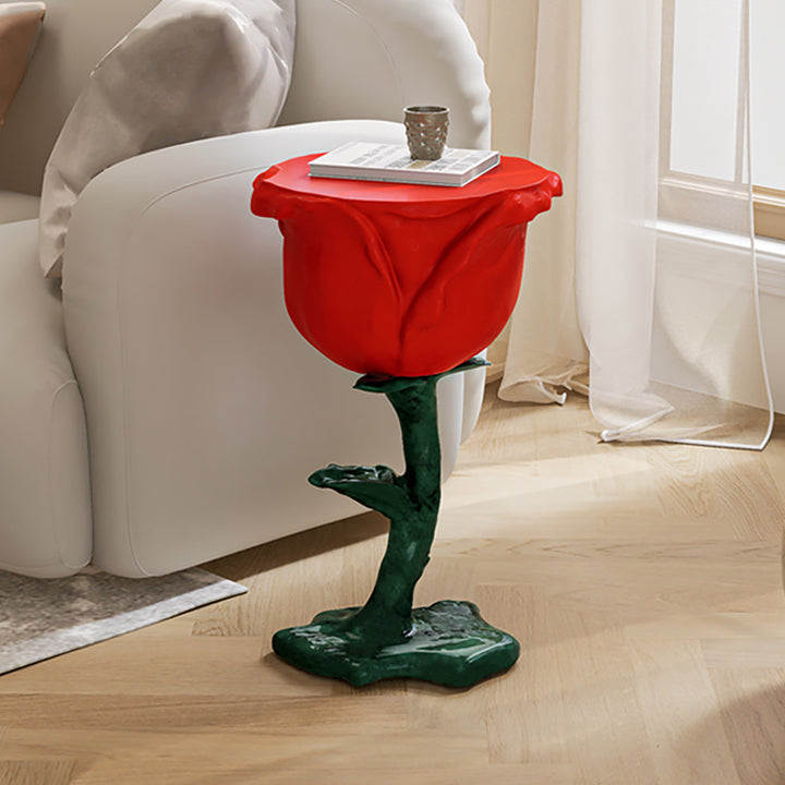 Modern Small End Table Red Resin Rose Sculpture Cute Pedestal Side Table with Tray