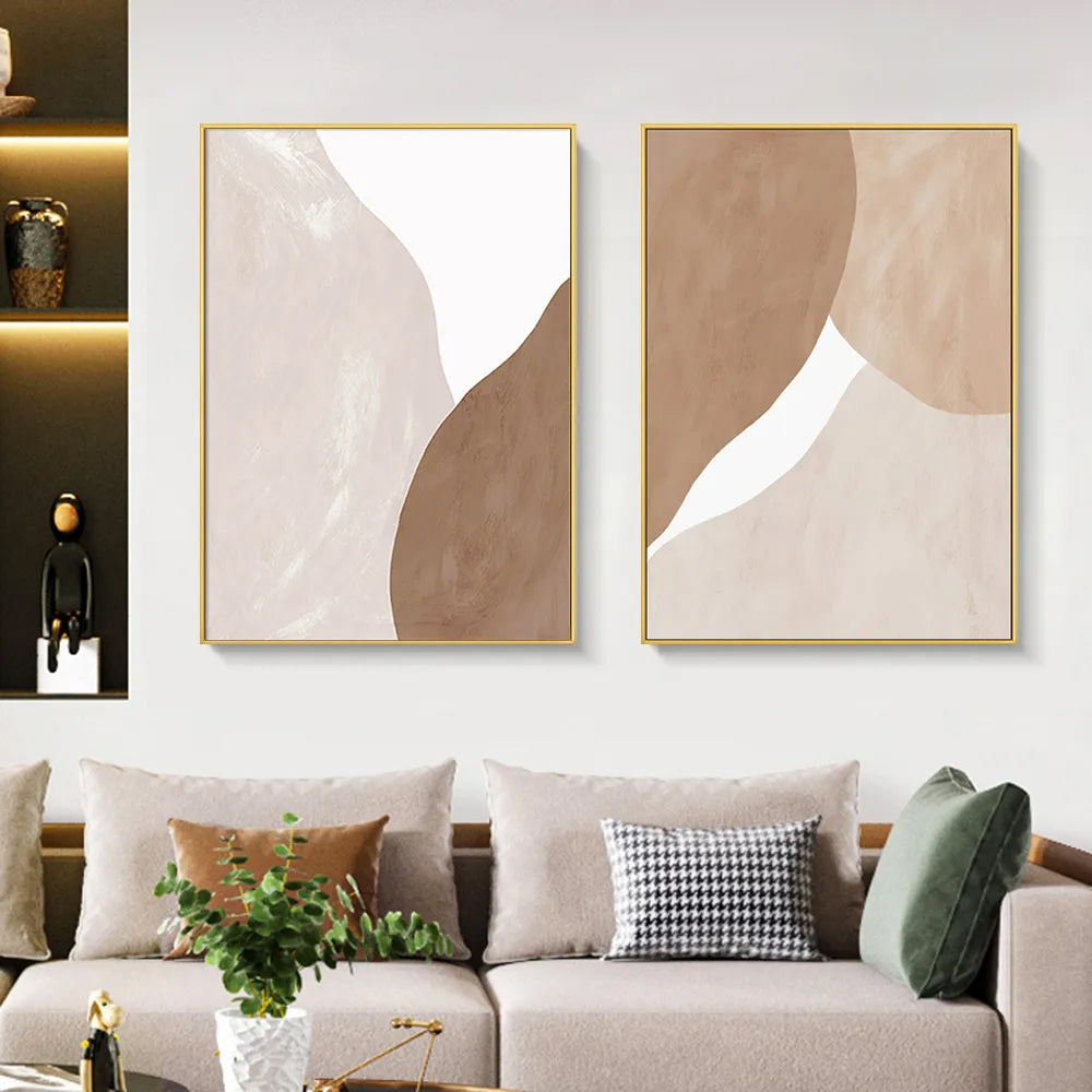 Japandi Abstract Wall Decor for Living Room Canvas Art Painting with Gold Frame Set of 2