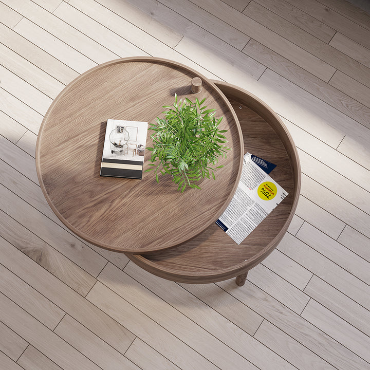 Modern Round Wood Rotating Tray Coffee Table with Storage & Metal Legs in Walnut