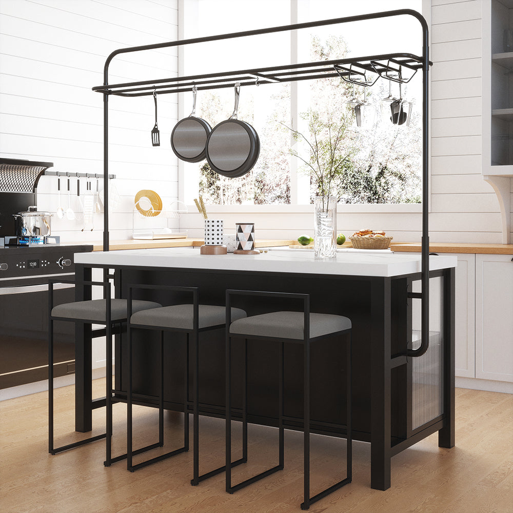 1630mmm Black Kitchen lsland with Pot Rack Marble Pattern Kitchen Cabinet with Storage