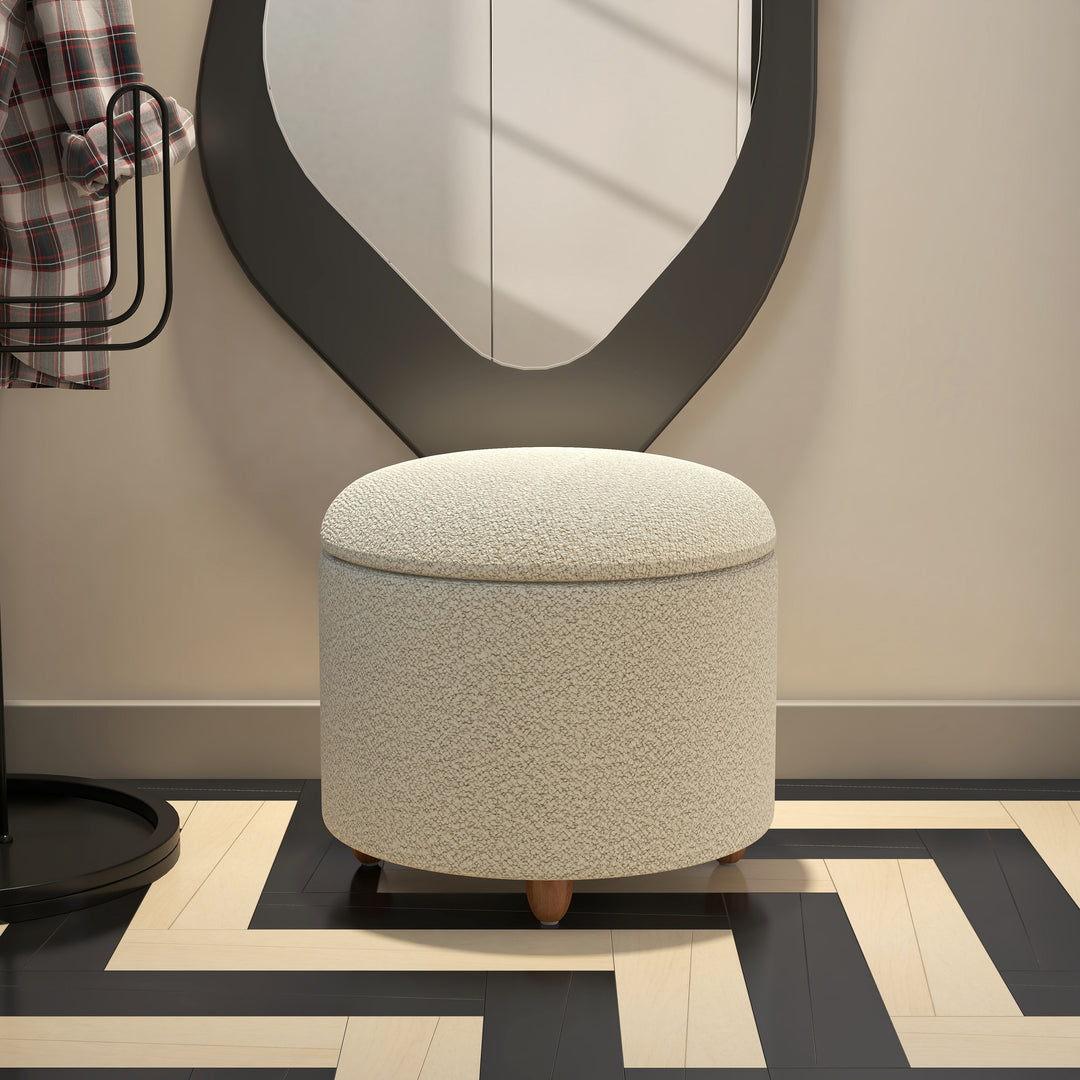 Modern White Boucle Vanity Stool with Lifted Top Storage Round Ottoman with Walnut Legs