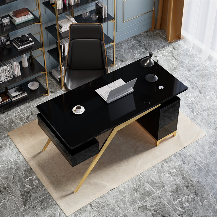 Hungled 1800mm Modern Black & Gold Office Wood Executive Desk with Storage File Cabinet