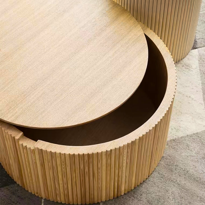 16" Japandi Round Wood Coffee Table with Storage in Natural