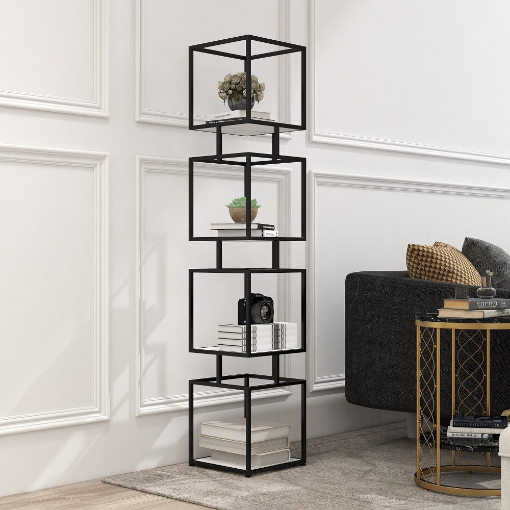 Modern Black Cube Bookcase with Metal 4-Tier Bookshelf Tower Display Tall Shelf