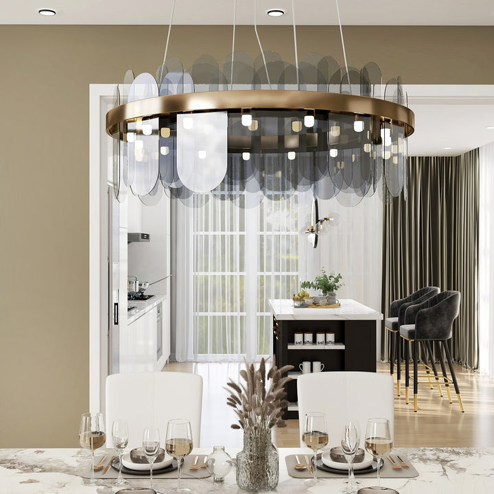 Modern Round 14-Light Tiered Smokey Gray Glass Chandelier