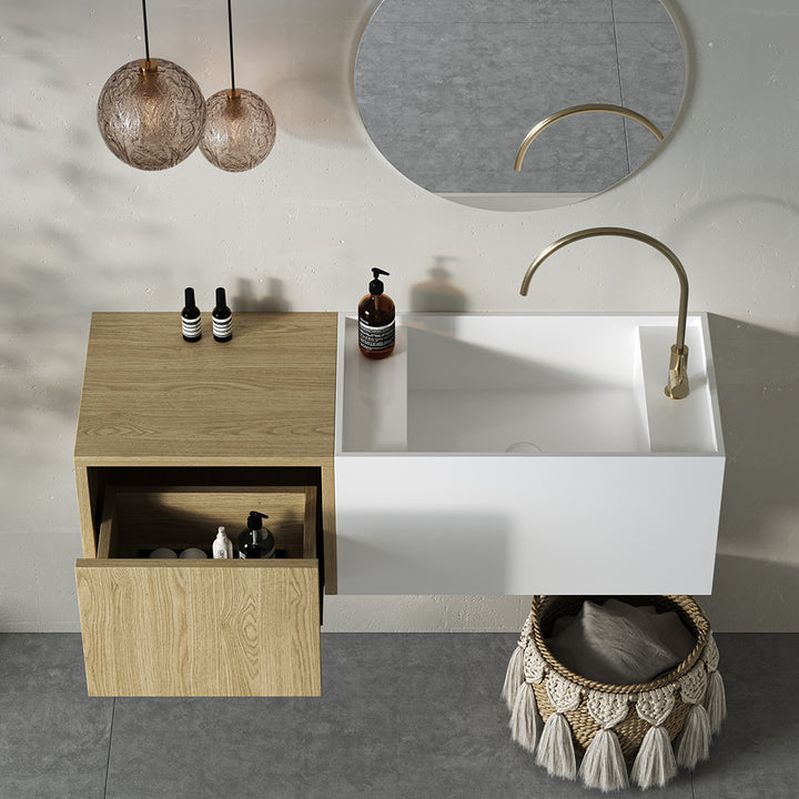 Floating Bathroom Vanity Wall-mounted Single Sink with Cabinet in Light Wood & White