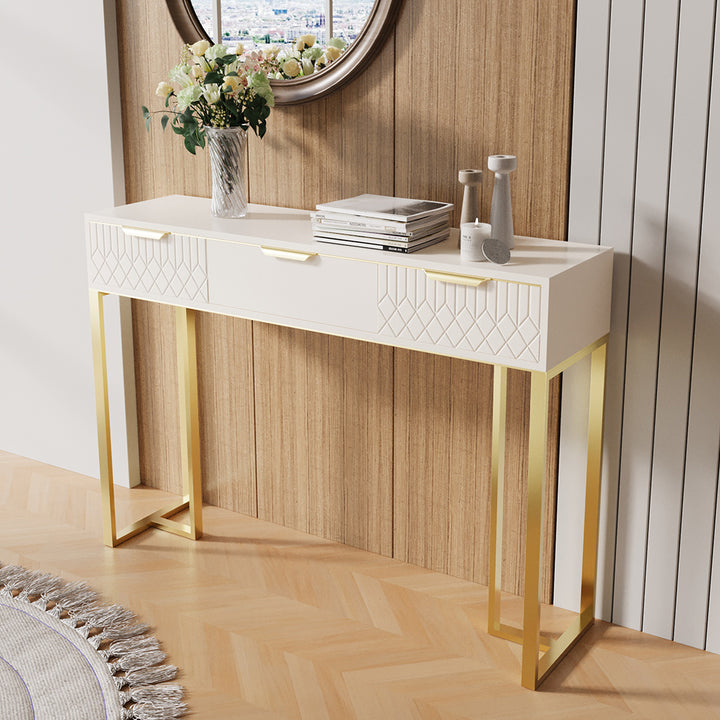 1200mm White & Gold Modern Console Table Rectangular Accent Table for Entryway 3 Drawers