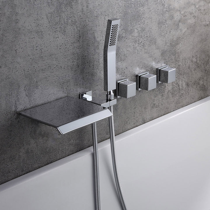 Moda Polished Chrome Wall-Mounted Waterfall Bath Tap with Hand Shower Solid Brass