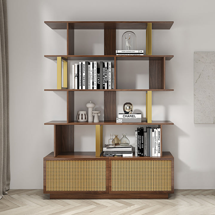 5-Tier Walnut Bookshelf with 2 Drawers Wooden Bookcase in Gold (64.8" High)