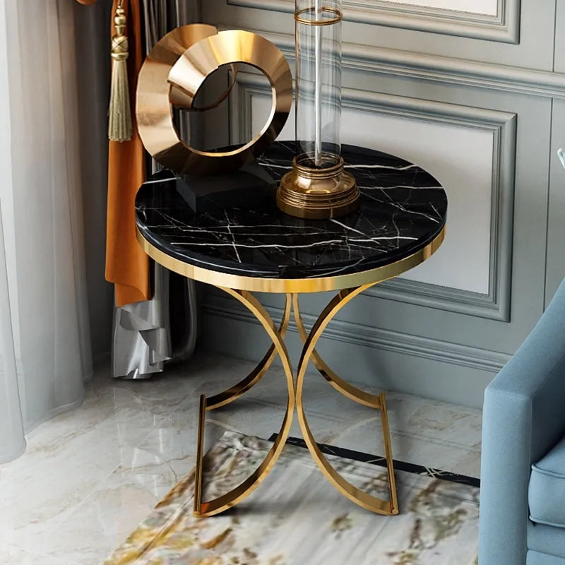 Modern Luxurious Round Black Marble Stone Side Table X-Base End Table in Gold