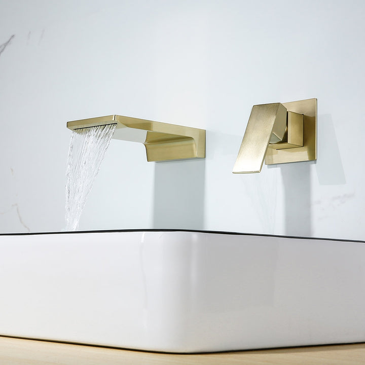 Waterfall Wall Mounted Brushed Gold Bathroom Basin Tap Single Lever Handle