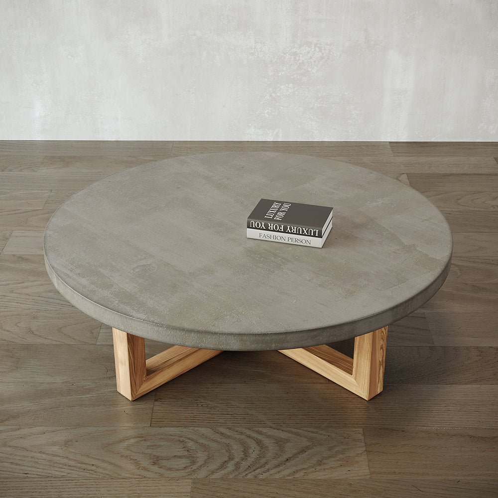 800mm Round Concrete Gray Coffee Table with Cross Legs Pine Wood Base