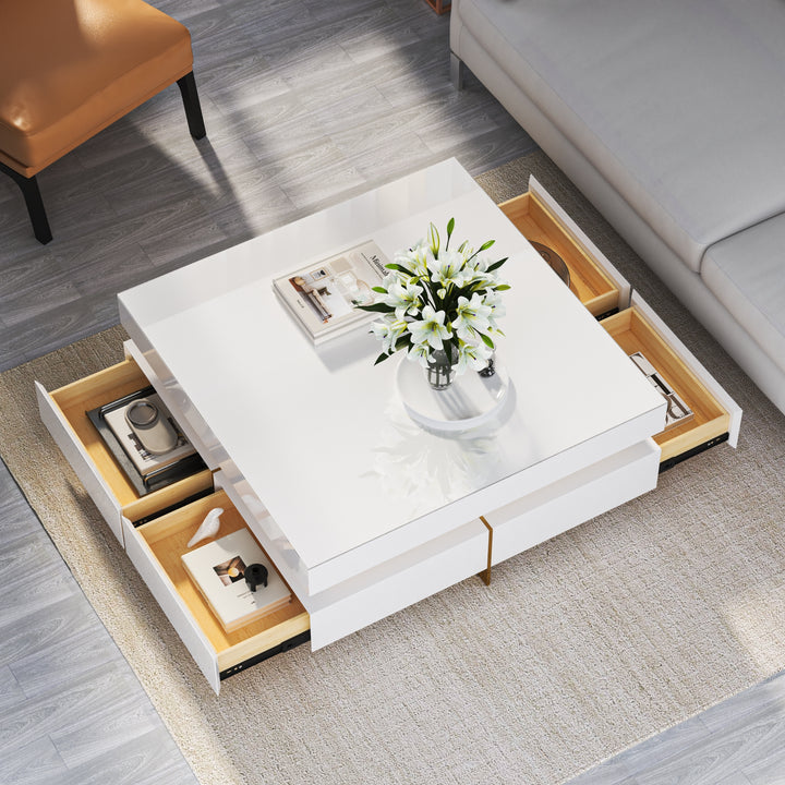 White Modern Square Coffee Table with Drawers Tempered Glass Top & Metal Legs