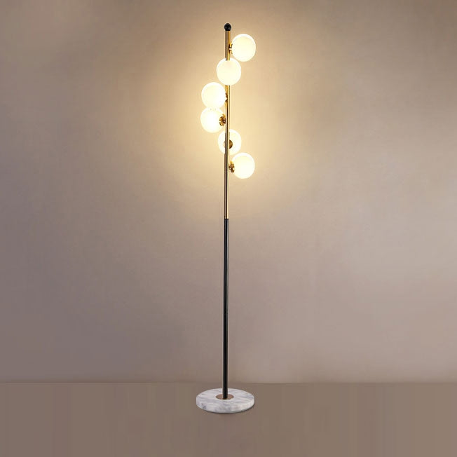 Modern White Globe Glass 6-Light Floor Lamp with Round Marble Base in Black and Gold