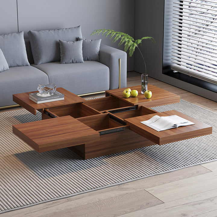 Square Marble Veneer Coffee Table Sliding Top with Storage in Walnut