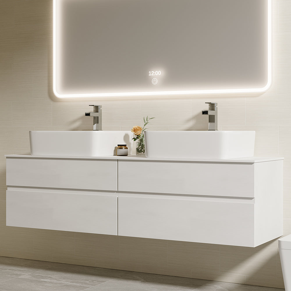 60" Floating Bathroom Vanity Cultured Marble Top with Ceramic Vessel Sink White