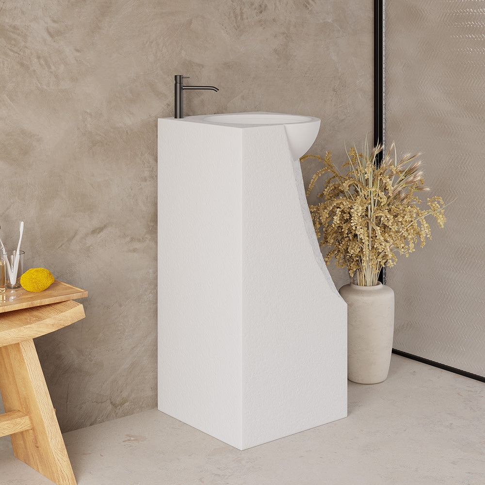 870mm Japandi Tall Stone Resin Pedestal Basin with Rounded Basin Freestanding in White