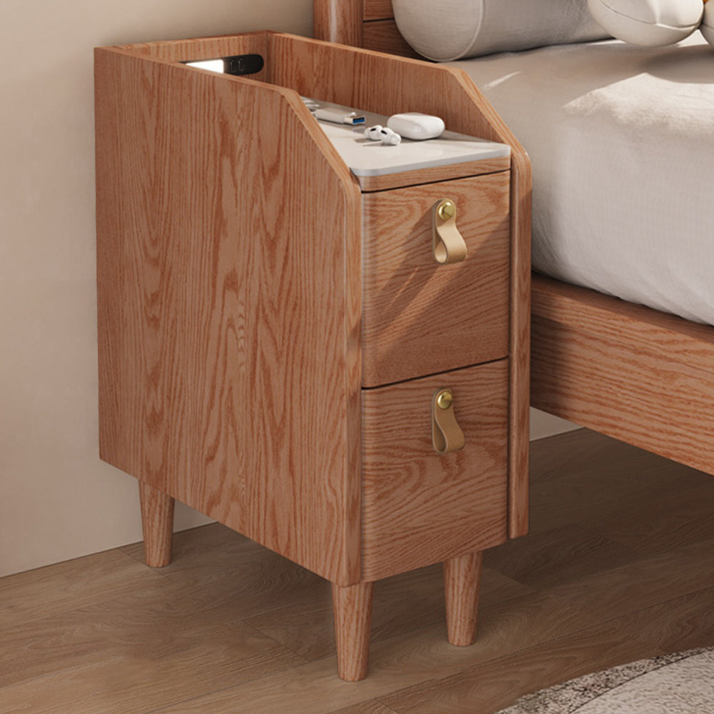 Modern Narrow Smart Nightstand Cherry Bedside Table with Sensor Light & USB Port Set of 2