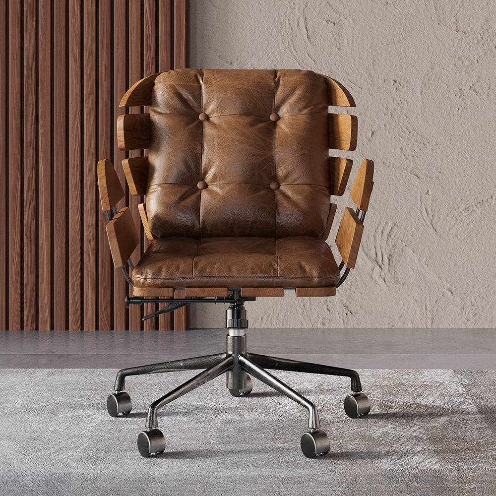 Brown Industrial Swivel Office Chair Leather Upholstered Task Chair Adjustable Height