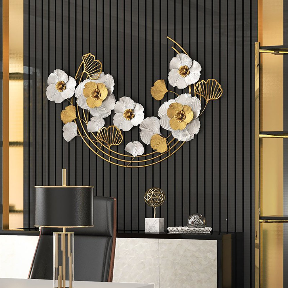 1200mm Modern Metal Wall Decor Art with Gold & White Leaves & Flowers for Living Room