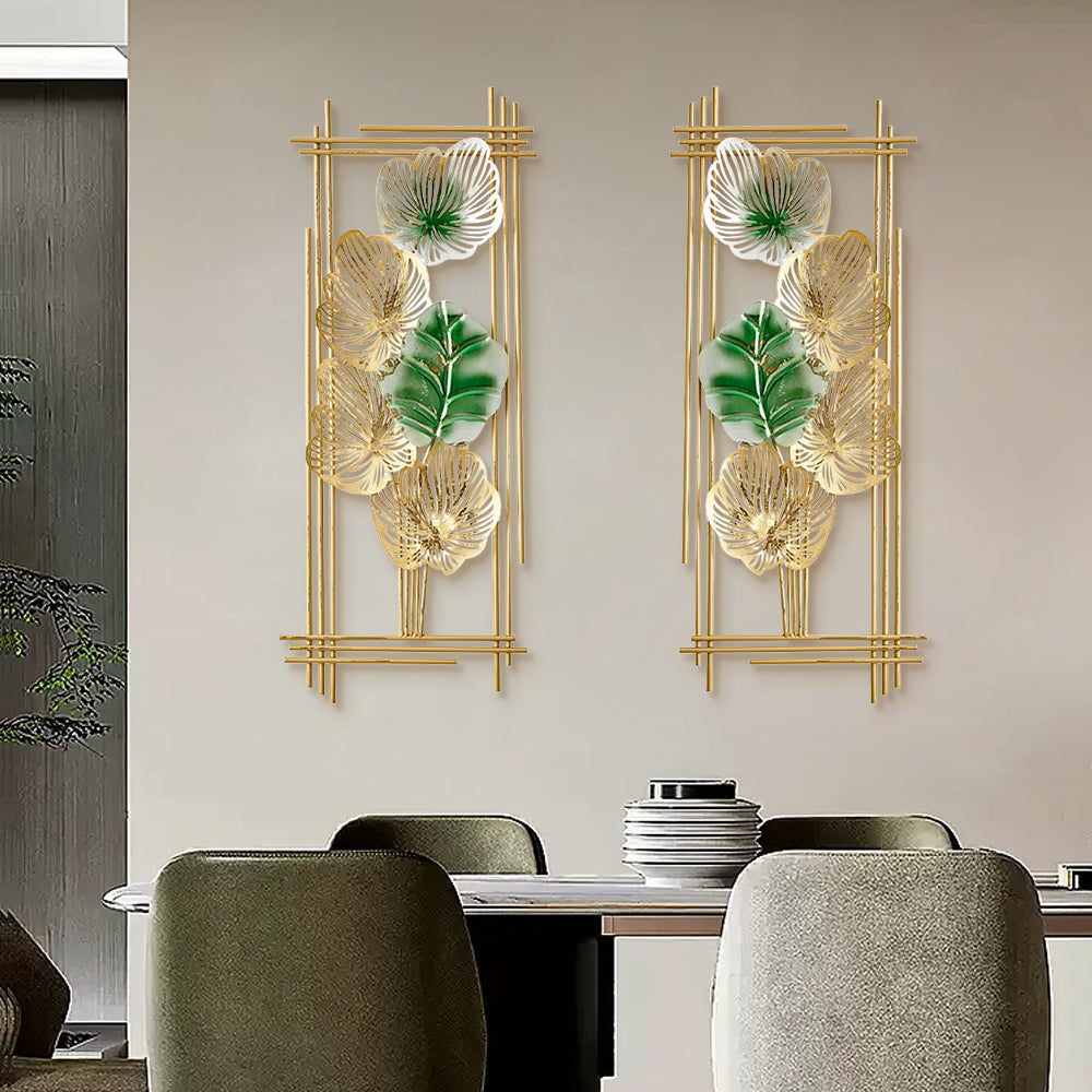 860mm 2 Pieces Metal Leaf Framed Wall Decor Gold & Green Rectangle in Living Room