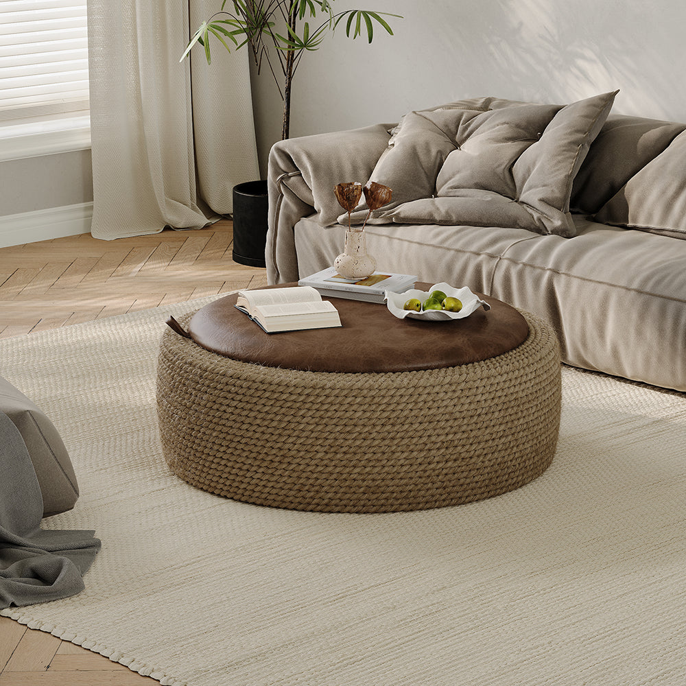 Coastal Round Woven Rope Drum Coffee Table in Brown with Storage