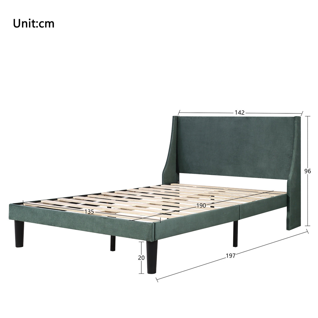 Double Velvet Upholstered Bed with Winged Headboard and Wood Slat Support