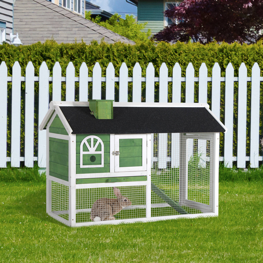 Rabbit Hutch Wood Bunny Rabbit Cage for Outdoor Indoor with Pull Out Tray Run Box Ramp Asphalt Roof for Small Animals Green