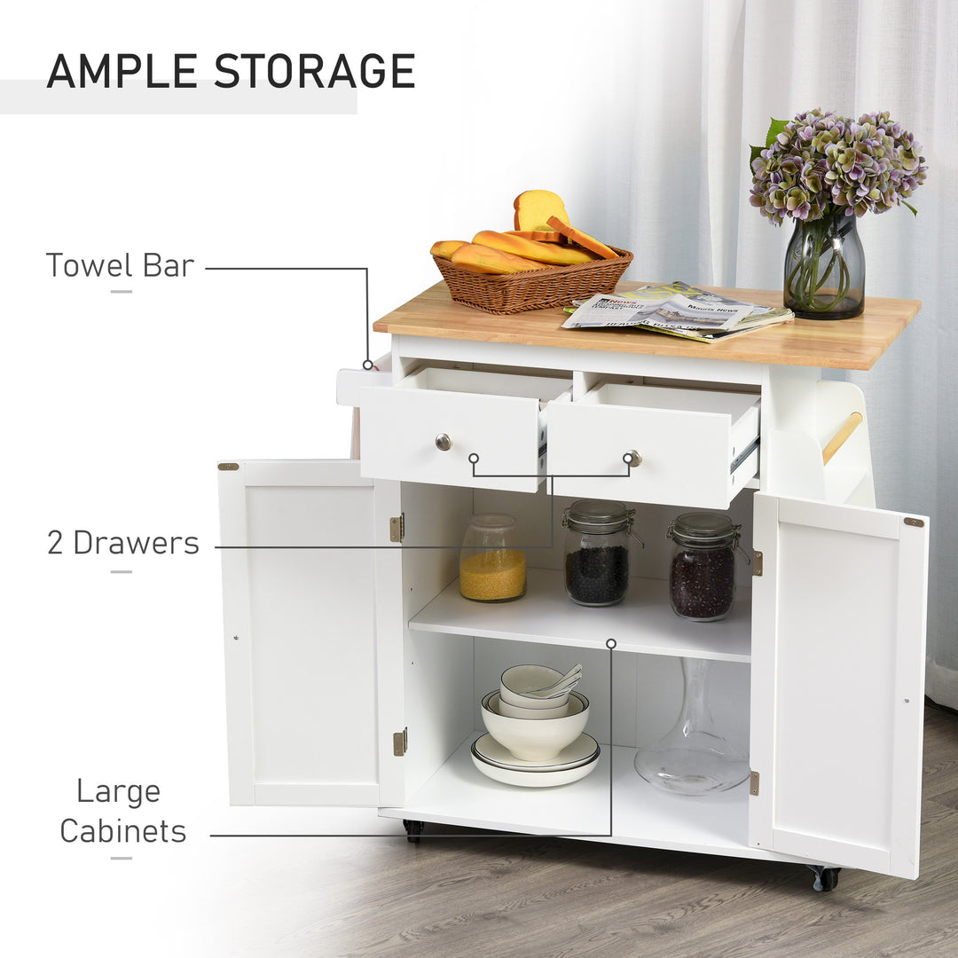 Kitchen Island Storage Cabinet Rolling Trolley with Rubber Wood Top