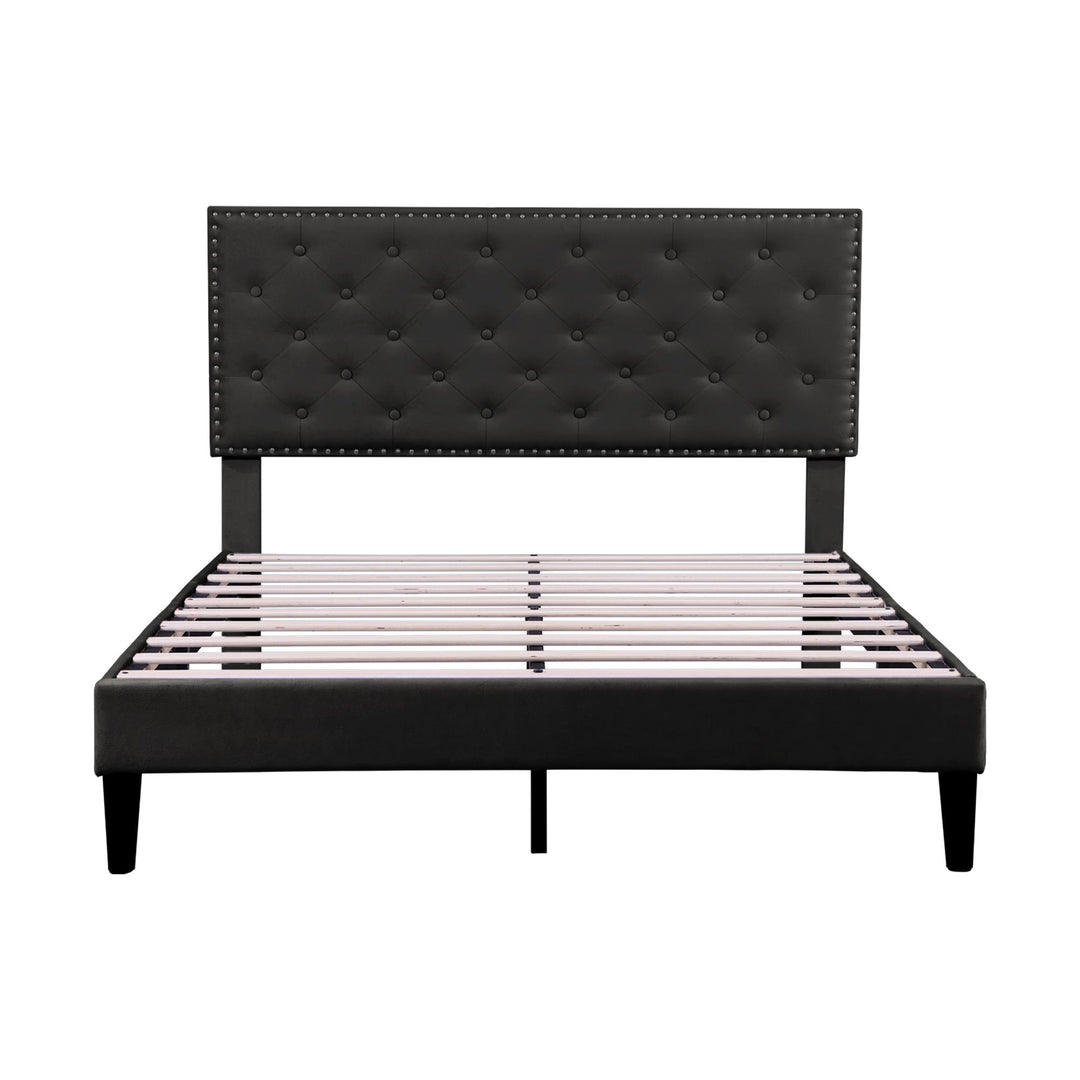 Velvet Upholstered Double Bed Frame with Adjustable Button-Tufted Headboard