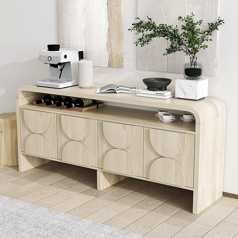 1800mm Wood Sideboard Buffet Japandi Distressed White Credenza Shelves & 4 Doors