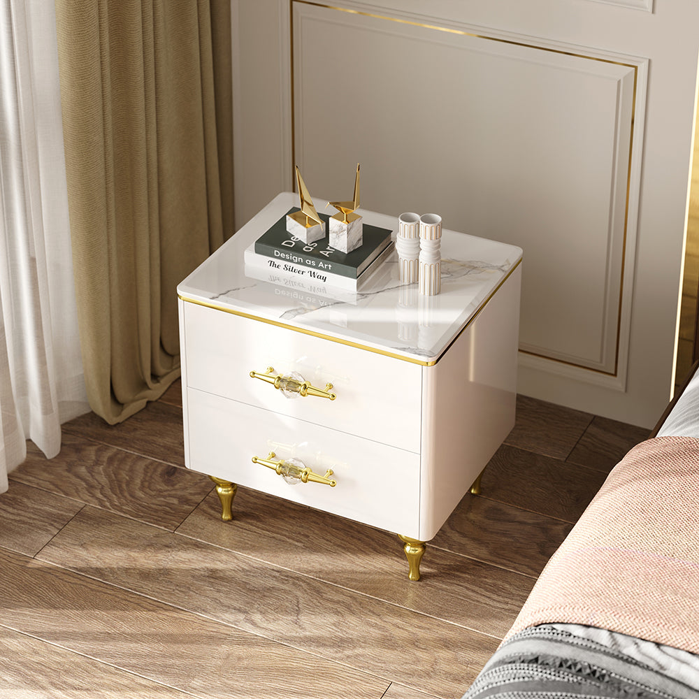 Chift Small Marble Top End Table Modern White Side Table with 2 Drawers Nightstand