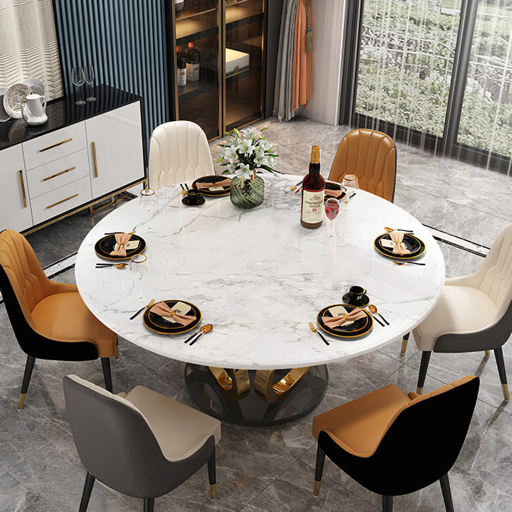 Round Dining Table Sintered Stone Top Gold & Black Pedestal for 6 Person Modern White