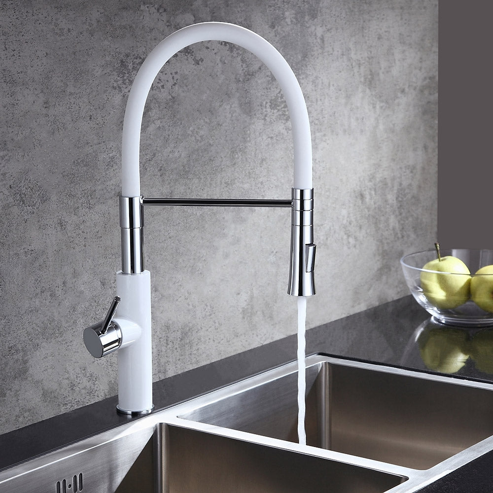 Modern Sleek White & Chrome Pull-Down Spray Kitchen Faucet Single Handle Solid Brass