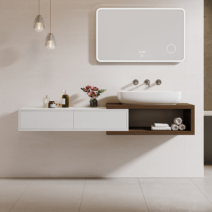 Modern Extendable Floating Bathroom Vanity Set Wall Mounted Vanity in White & Walnut