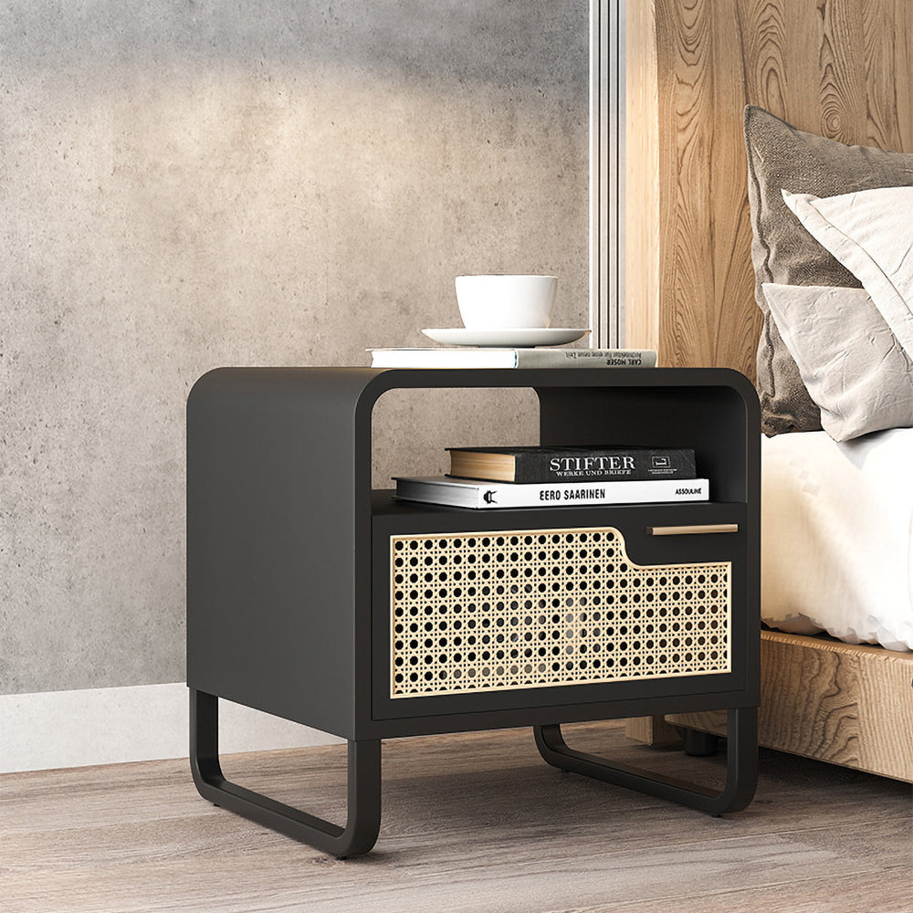 Minimalist Black Nightstand Rattan Woven Bedside Table with 1 Drawer