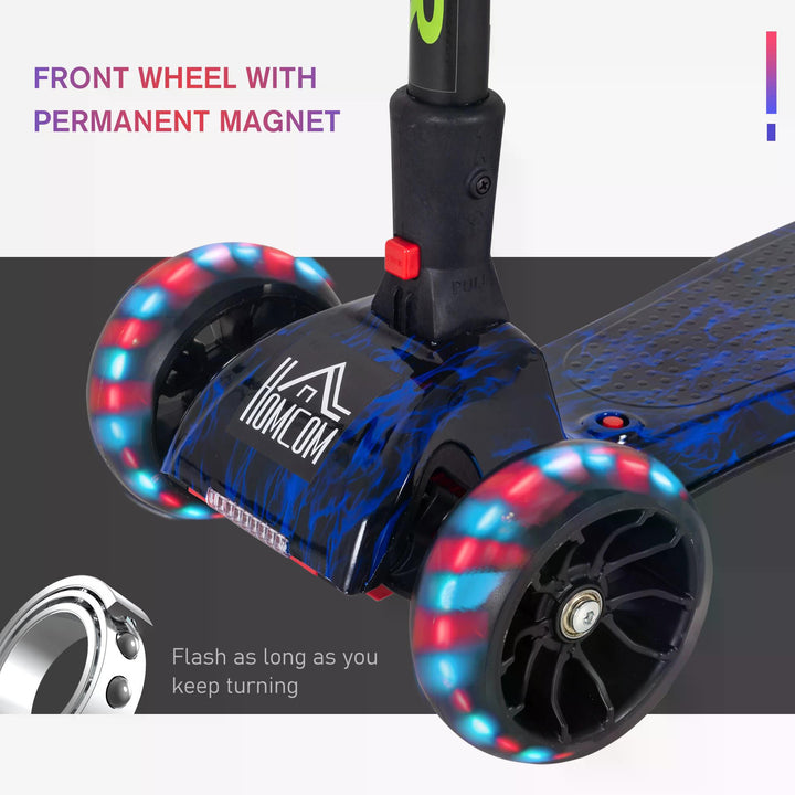 Kids 3 Wheel Kick Scooter Adjustable Height w/ Flashing Wheels Music Water Spray Foldable Design Cool On Off Road Vehicle Blue